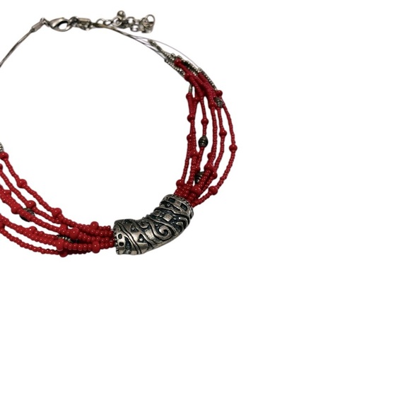 Chico’s Red and Silver Beaded Necklace, Choker, Vintage. Tribal charm design - Picture 8 of 10